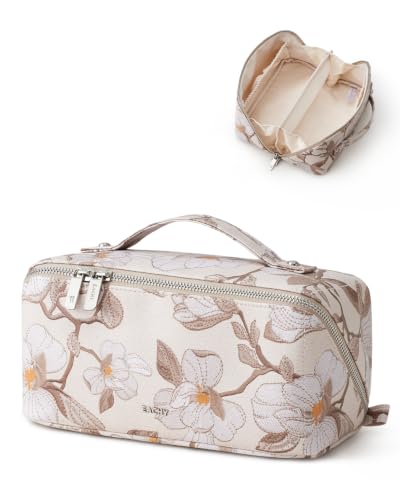 EACHY Makeup Bag, Waterproof PU Leather Travel Toiletry Bag for Women, 180° Wide-Open Flat Cosmetic Bag, Large Capacity Makeup Pouch with Divider and Handle - color: CJ-Yellow Large Floral, size: Medium