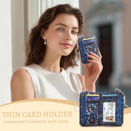 Kelvoris Credit Card Holder Small Wallet Women, Slim RFID, Goth Mushroom | Keychain, Zipper Coin Pocket, Front Pocket Thin Travel Card Case, Minimalist, 6 Card Slots, 1 ID Window, Ladies Gifts Woman - color: Blue Goth Skull