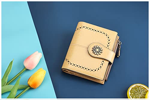 Womens Leather Wallet Small Compact RFID Blocking Credit Card Case Purse with Zipper Pocket | Small - color: Light Khaki
