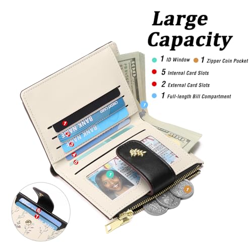 GAEKEAO Wallet Women Small RFID Vegen Leather Card Holder for Women | Compact leather wallet, credit card holder, RFID protection, ID window, coin pocket, lightweight travel purse - color: Black