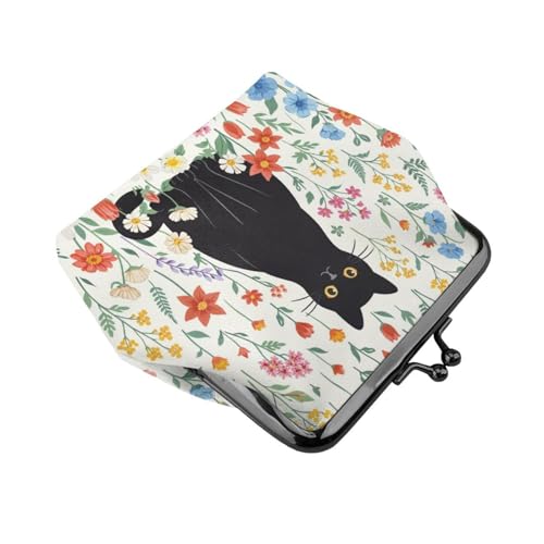 Kiss-lock Coin Purse for Women Change Purses Cute Small Coin Pouch Tiny Coin Wallet (Black Cat and Flower) - color: Black Cat and Flower