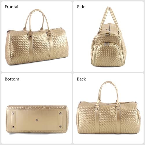 Weekender Bags for Women Woven Leather Travel Duffle Bag Gym Tote (Gold) | Carry On Bag for Men with Shoe Compartment Dry and Wet Separation - color: Gold