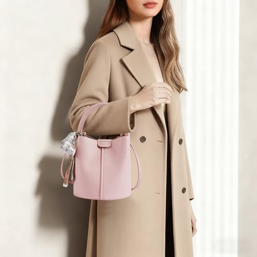 Mini Bucket Bags for Women, Vegan Leather Small Crossbody Purse with Removable Straps Trendy Top Handle Shoulder Straps - color: Pink