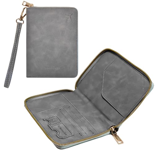 Passport Holder for Travel Wallet,RFID Detachable Wrist Strap Wallet | Leather Travel Card Sleeve for Men Women - color: Gray