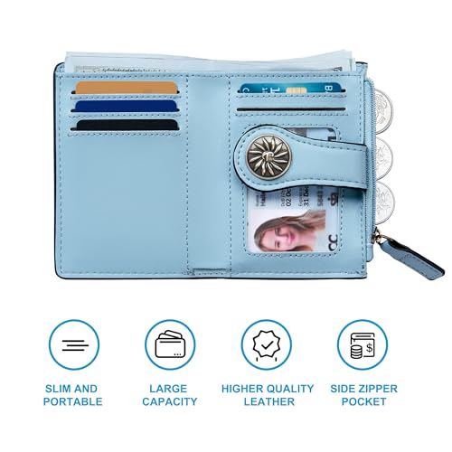 Tipmile Small Wallet Women Bifold RFID Blocking Card Holder Leather Wallets with Zipper Coin Pocket, White & Blue - color: White & Blue