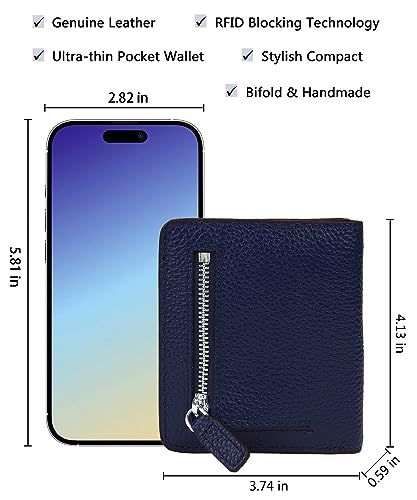 Small Leather Wallet for Women, Ladies Credit Card Holder RFID Blocking Women's Mini Bifold Pocket Purse - color: Navy Blue Rfid Blocking
