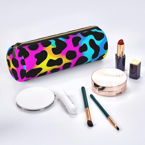 OSAM SPACE Leather Pencil Case Round Pencil Bag Leopard Print Rainbow Pen Organizer Holder Portable Zipper Pouch Cute School Supplies for Girls Boys Study Office - color: Leopard Print Rainbow