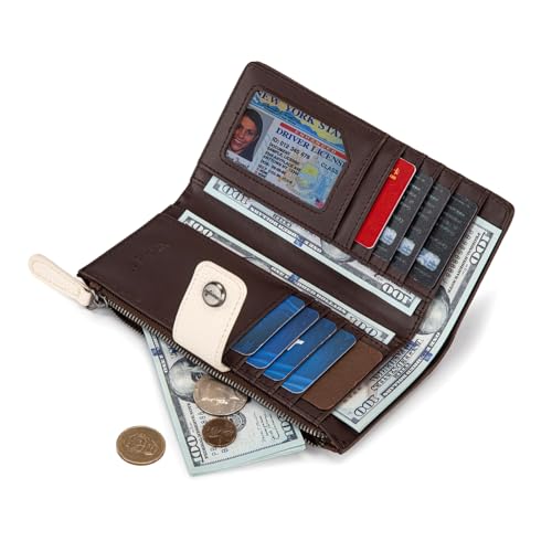Montana West X Wrangler Womens Wallet Large Capacity Long Compact | Bifold Ladies Female Large Capacity Card Cases Money Organizer RFID Blocking Wallet with ID Window and Zipper Pocket - color: Bifold-Contrast Coffee Beige