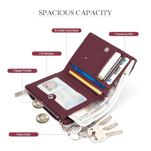befen Real Leather Small RFID Blocking Wallet for Women with Credit Card Holder Zipper Coin Pocket Key Chain Wallets - Burgundy Red - color: Burgundy Red