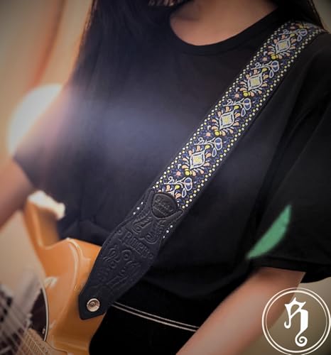 Rockyou 2" Wide Double-Layer Padded Guitar Strap with 4 Pick Holders, beauty Leather Ends & Metal Buckles(Blue Garden) - color: Blue Garden
