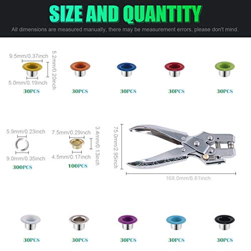 Keadic 300 Sets 1/5 inch Multi-Color Metal Eyelets Grommets Kit with Hole Punch Plier and 100pcs Extra Gold Eyelets, for Leather, Canvas, All Fabrics Clothes, Shoes, Belts, Bags, Crafts (11 Colors)