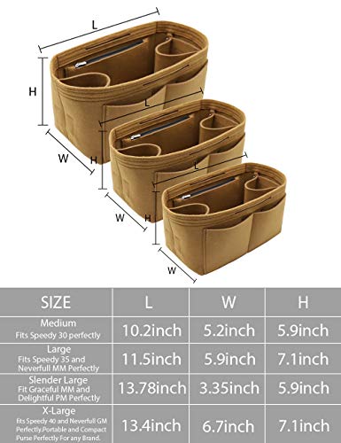 LEXSION Felt Purse Organizer Insert Zipper Pocket with Two Removeable Bottle Holder - color: Brown, size: Large