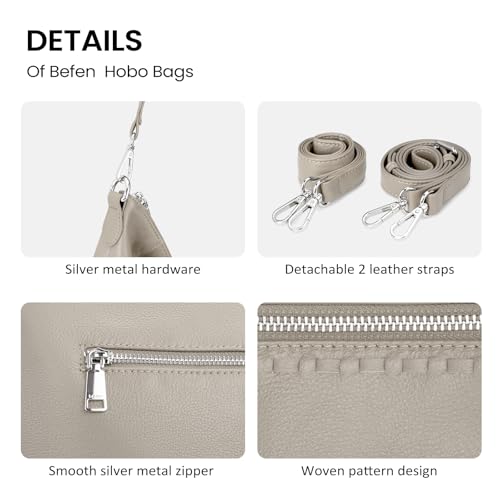 befen Genuine Leather Crossbody Hobo Purse for Women Soft Lightweight Leather Handbags with 2 Removable Straps - color: Beige Grey