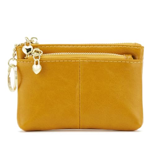 Women PU Leather Zip Mini Coin Purse With Key Ring Triple Zipper Card Holder Wallet (Yellow) - color: Yellow