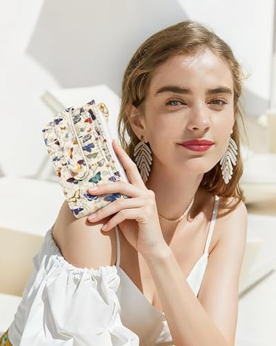Slim Small Card Wallet for Women – Cute Card Holder Wallets with Keychain Credit RFID Blocking Holds 7 Cards, Leather Fashion Design for Female Ladies Teen Girls, Butterfly Flower