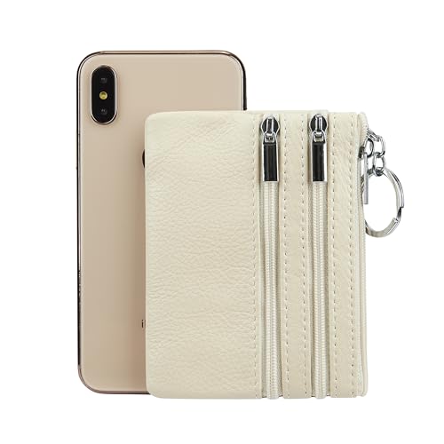 Women Genuine Leather Coin Purse Small Keychain Change Wallet - color: Beige