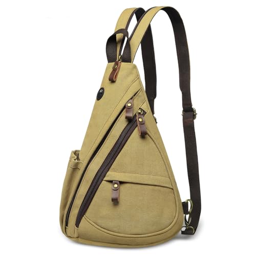 Canvas Sling Bag with Leather Zipper 3-in-1 Crossbody Backpack | Vintage Canvas Sling Bag for Women Men Convertible Cross Body Bag Multiple Zipper Pockets for Travel Daily Use - color: Khaki