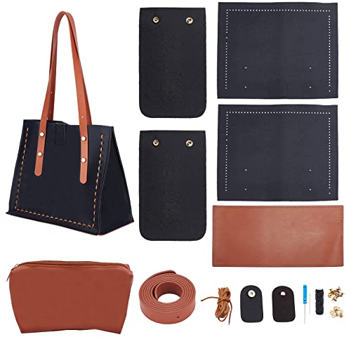 PH PandaHall DIY Tote Leather Bag Kit Black Brown Large Tote Bag Easy Handcraft Shouler Bags with Insert Organizer Bags Straps Screws Buckles and Kintting Tool Screwdriver for Women Purses Gifts