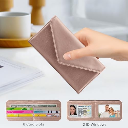 Envelope Wallets for Women Leather Credit Card Holder with RFID Blocking,2 ID Window, Zip Coin Pocket, Rose Gold - color: Rose Gold