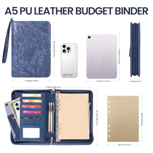 A5 Binder 6 Ring with Zipper, Portable Planner for Travel & Study - color: Blue