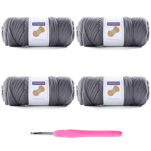 4 Pack Tshirt Yarn for Crocheting, Elastic T Shirt Spaghetti Thick Knitting Yarn Total Length 260 Yds for Crochet Bag Baskets Home Decor with 1 Crochet Hook (4-Dark Gray) - color: 4-Dark Gray