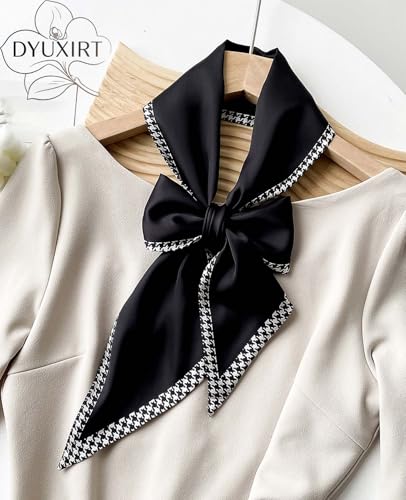 Head Scarf Purse Handle Neck Satin Hair Scarfs For Bag Lightweight Silky Long Thin Women's Fashion Scarves 59 * 5.9” - color: H1-black and White Checkered Border(59*5.9inch)