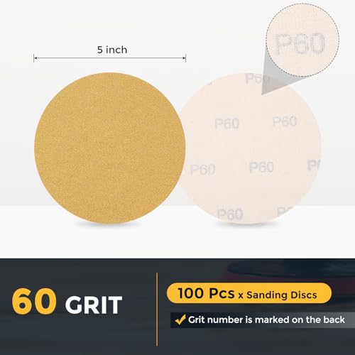 HARFINGTON 100 Pcs 5 Inch Sanding Discs 60 Grit Yellow Aluminum Oxide - size: 5 Inch(60 Grit)