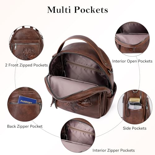 Mini Backpack Purse for Women,Vegan Leather Small Backpack for Daily | Embossed Lightweight Water-Resistance Travel Mini Fashion Daypack Bag,Ladies Casual Backpack Purse Gift Choice for Women - color: Coffee-flower