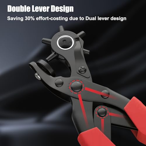 Diyife Leather Hole Puncher, Full Set Punch Tool Kits for Belts, Leather | Double-lever Design, Sturdy & Durable, Safety Locking Handles, 3 Extra Punch Plates Included, 6-Size Quick Adjustment, Red - color: Red