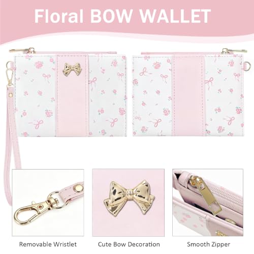 Floral Bow Small Zipper Wallet for Women Girls (BIFOLD-PINK) | Bifold Wallet, Zipper Coin Pocket, ID Window, 5 Card Slots, Removable Wrist Strap - color: BIFOLD-PINK