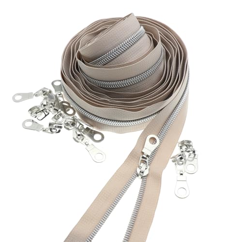 #5 Silver Zipper Bulk 5 Yards Beige Zipper Tape 10pcs Silver Pulls Slider - color: Beige-silver