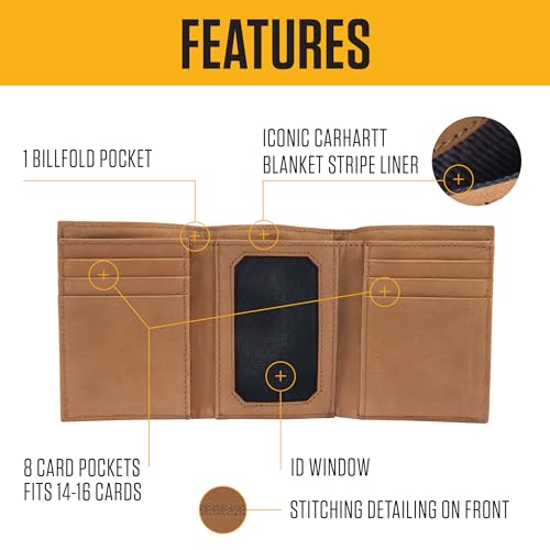 Carhartt Men’s Full Grain Saddle Leather Wallets, RFID Blocking Bifold, Trifold, and Front Pocket Options, Gifts for Men - color: Carhartt Brown (Trifold)