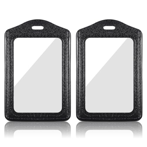 Genuine Leather ID Badge Holders, 2Pcs Leather Badge Holder with Double Side Clear Window, Vertical ID Card Holders, Waterproof Name Badge Holder for Students, Staff, Office, Employees, Black