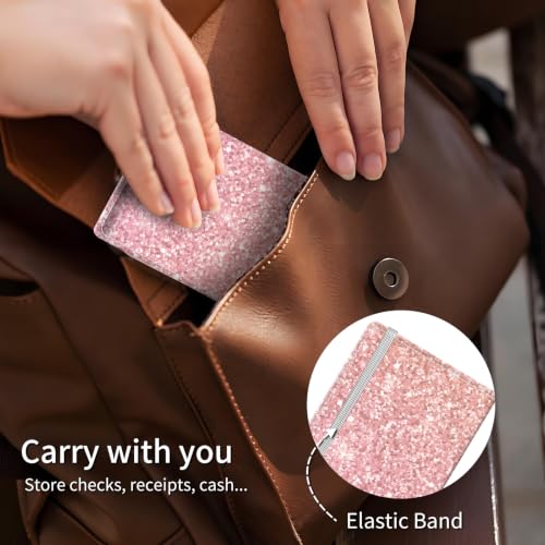 Checkbook Cover for Personal Checkbook, Cute Pu Leather Check Book for Women & Men, Slim Checkbook Holder with Pen Holder and Built-in Clear Plastic Divider, Pink Glitter - color: Pink Glitter