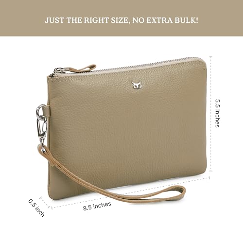 Leather Wristlet Wallet for Women Clutch Handbag Purse with Cell Phone Slot | Genuine Top Grain Leather, 8 Credit Card Slots, Detachable Strap, YKK Zipper, Gifts for Women - color: Beige Nappa