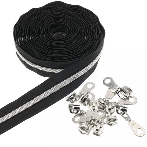 Leekayer #5 Silver Nylon Zipper Bulk 5 Yards Black Tape 10pcs Silver Slider - color: Black-Silver