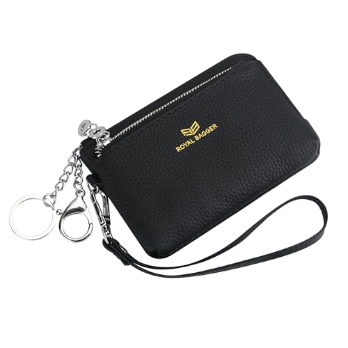 Royal Bagger Women's Genuine Leather RFID Coin Purse for Women, Multi-Zipper Clutch Wallet with Keychain & Wristlet 1903 (Black) - color: Black
