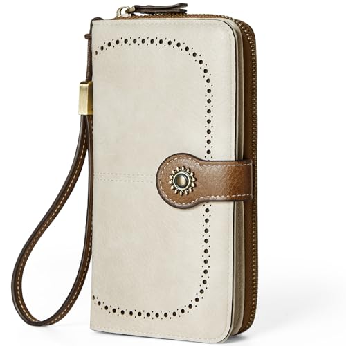 TFKGS Wallet for Women RFID Blocking Leather Large Capacity Card Holder Ladies Phone Clutch Travel Long Purse Wristlet | RFID Blocking - color: 1-Beige＆Brown