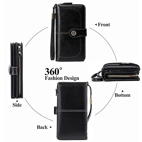 Women Leather Wallet Crossbody Shoulder Bag with Double Zipper and Mobile Phone Purse with Shoulder Strap - color: 660-black