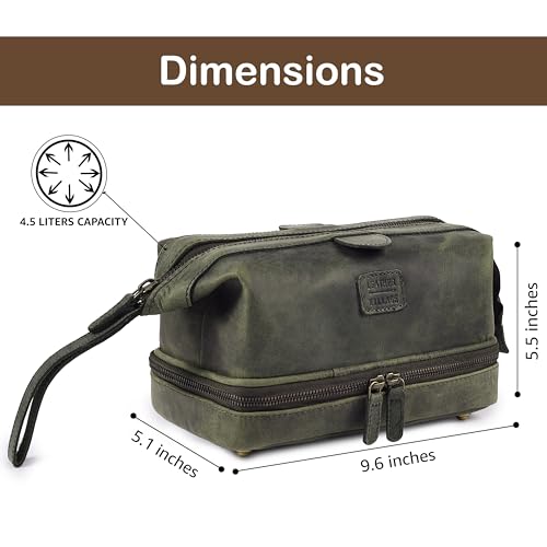 LEATHER VILLAGE Leather Toiletry Bag for Men, Travel Dopp Kit Shaving Bag | Full grain buffalo leather, two zip compartments, 9.6x5.5x5.1 in, YKK zippers, water-resistant lining, shaving kit-Olive - color: Olive