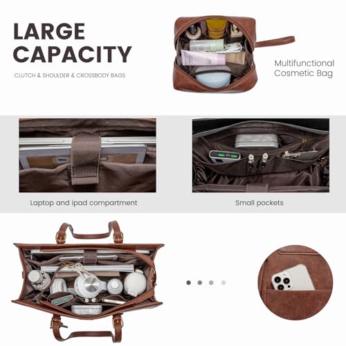 LOVEVOOK Laptop Bag for Women Vintage Leather Laptop Tote 17.3 inch Large Capacity Computer bag with Clutch Purse for Work - color: Brown, size: 17.3 inch