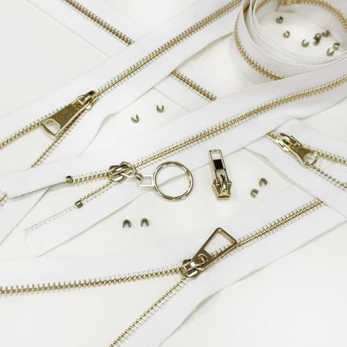 #5 Heavy Duty Metal Zipper 5 Pieces 1 Yard Long Each(White/Gold Teeth) - color: White/Gold Teeth