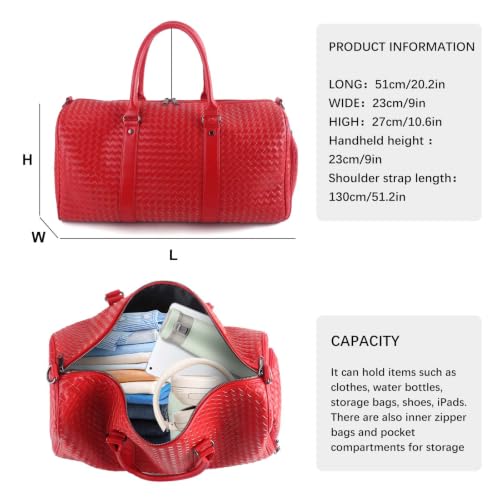 Weekender Bags for Women Woven Leather Travel Duffle Bag Gym Tote (Red) | Carry On Bag for Men with Shoe Compartment Dry and Wet Separation - color: Red