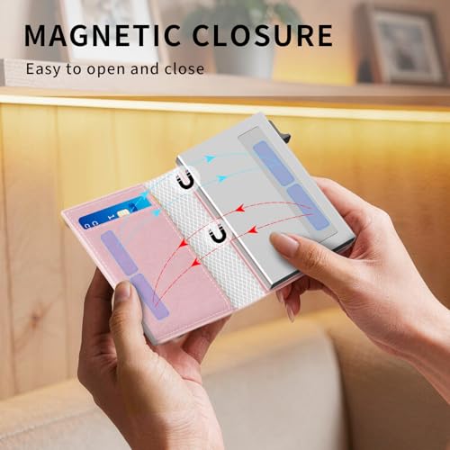 RFID Wallet Women: Stylish Security Metal Wallet for 10-12 Cards & 2 ID Windows - Smart Pop-Up Credit Card Holder & Cash Slot in Compact Trifold Design,Gift for Her(Pink) - color: Pink