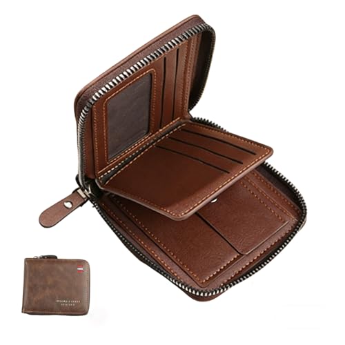 Men'S Slim Leather Bi-Fold Zipper Closure Coffee Front Coin Pocket Wallet | Coffee Brown Men Small Retro Zip Pu Wallet With 9 Card Slots Holder, 2 Id Clear Windows, Durable Stitching, Gift Box Included - size: Zipper Wallet