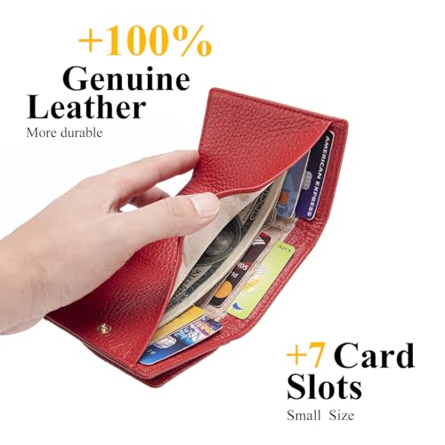 Small Wallet Women Genuine Leather RFID Blocking Trifold Tiny Wallets with Snap Coin Pouch 7 Card Solts