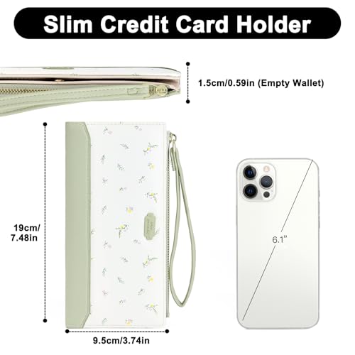 Womens Wallet Ultra Slim Floral Long Bifold Wallet for Women Card Holder with Zipper Pocket - color: C01 Green