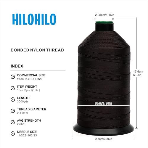 Extra Strong Bonded Nylon Thread #138 Tex135 – 16 OZ, 3000yds, Versatile Stitching Solution for Leather, Upholstery, Canvas Repair and More (Dark Brown) - color: Dark Brown, size: #138 Tex135 Tkt20