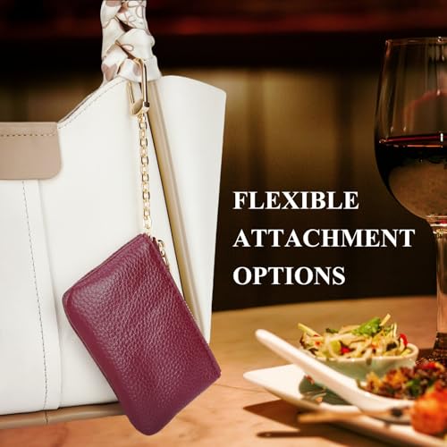 Full Grain Leather Coin Purse with Key Chain - Small Change Purse Keychain Card Holder Keychain Pouch Small Keychain Wallet for Women and Men (Burgundy) - color: Burgundy, Regular Size