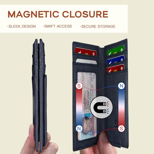 Zitahli Mens Slim Wallet - RFID Blocking Leather Bifold with Magnetic Closure, 12+ Card Capacity ID Window | Money Clip Gifts for Him - color: Retro Blue